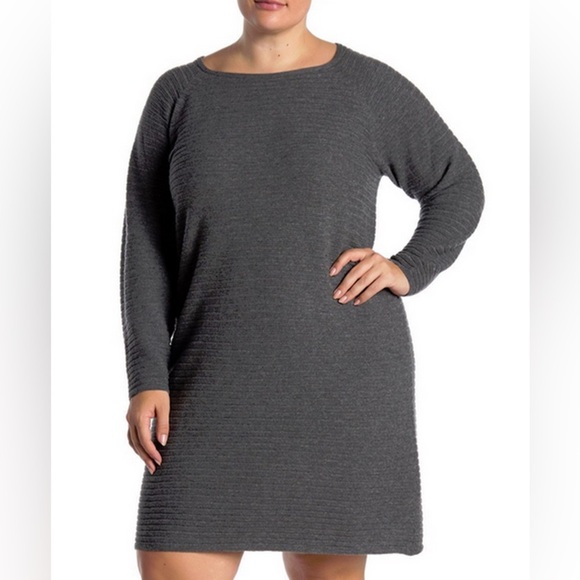 Lafayette 148 Wool Ribbed Knit Shift Dress Large Gray Long Sleeve Boatneck Shift